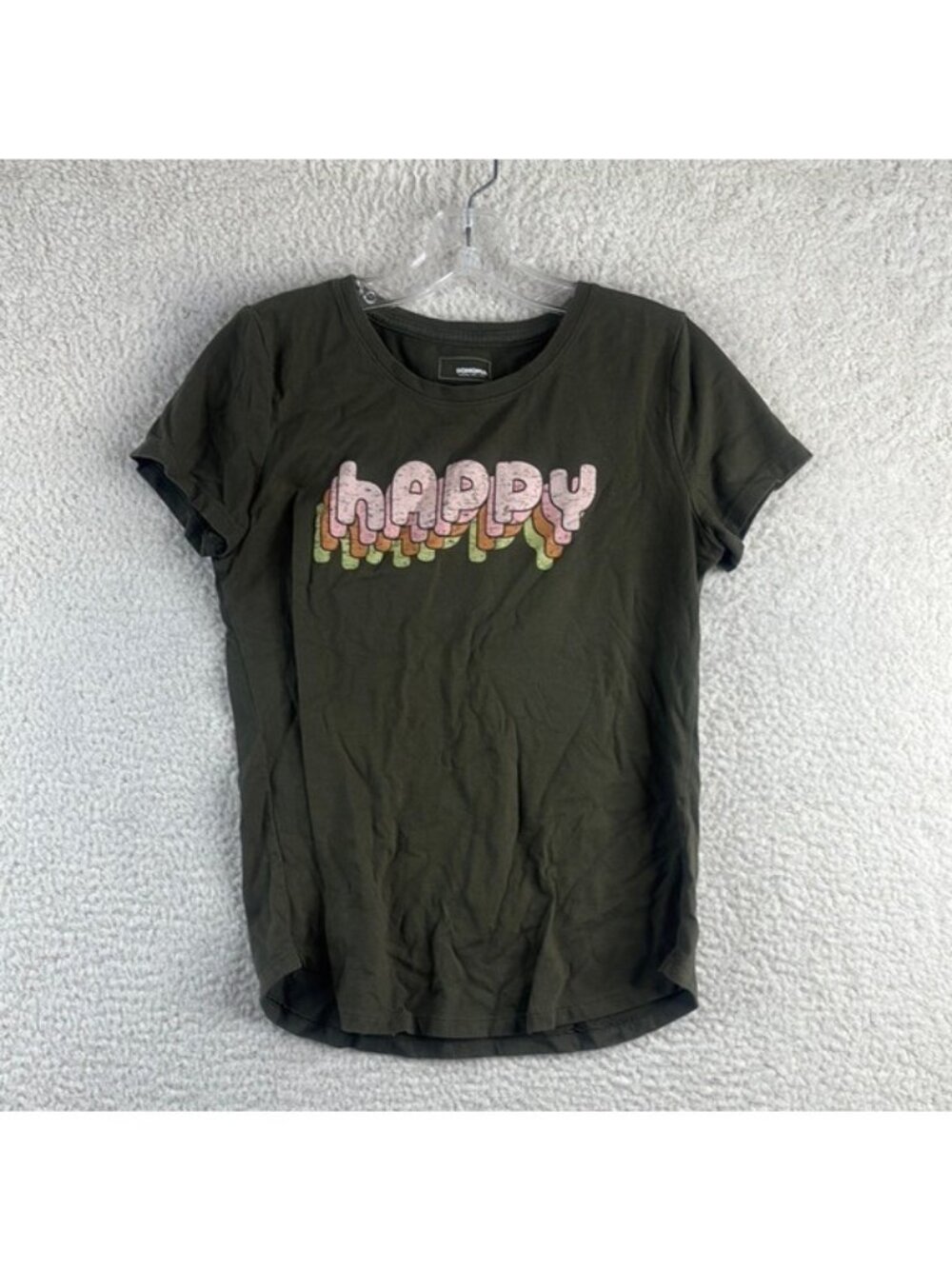 NWT Sonoma Womens Green Happy Retro Graphic Tee Short Sleeve T-Shirt S SMALL